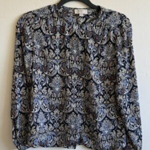 Ann Taylor LOFT Paisley Print Blouse XXSP | Navy & Ivory Long Sleeve Top